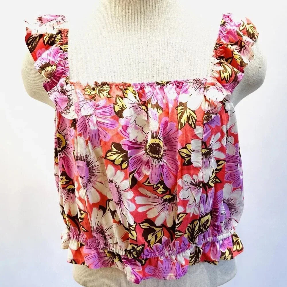 NWT LILY ROSE Juniors Sleeveless Pullover Cropped Floral Pink/Orange Top Size XL